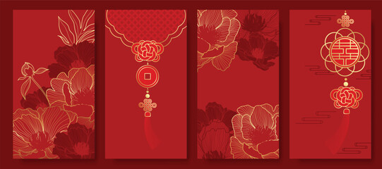 Wall Mural - chinese new year 2025 hongbao red envelope design vector. collection of chinese festival with peony 