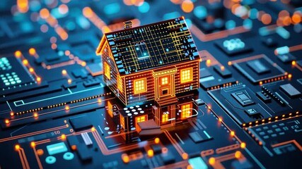 Aufkleber - A modern house design illuminated with bright lights rests on a circuit board surface, symbolizing the intersection of technology and real estate. The vibrant details highlight innovation.