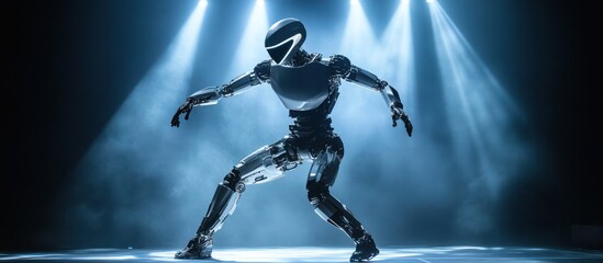 A silver robot with a helmet and a light-up visor stands on a stage with spotlights, facing left, in a heroic pose.