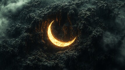 Wall Mural - glowing crescent moon nestled in dark, textured clouds.