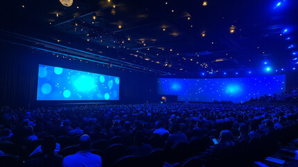 Audience Full of Tech People in Dark Conference Hall Watching an Innovative Inspiring Keynote Presentation. Business Technology Summit Auditorium Room Crowded with Delegates. Static Shot from Behind.