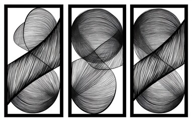 A high-resolution abstract black and white line art composition with three vertical frames. Each frame contains a unique pattern of overlapping circles and ovals