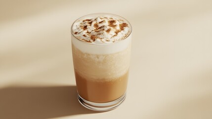 Wall Mural - A chilled iced chai latte with cinnamon and nutmeg sprinkled on top, set on a light beige background