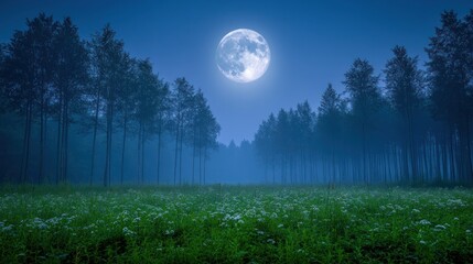 Wall Mural - Full moon over misty forest and meadow.