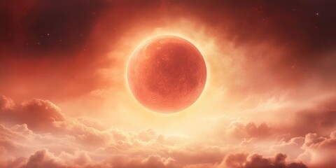 Wall Mural - glowing red moon in the sky with clouds in red color hue