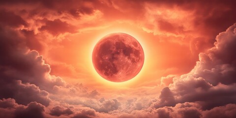 Wall Mural - glowing red moon in the sky with clouds in red color hue