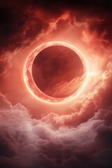 Wall Mural - glowing red moon in the sky with clouds in red color hue