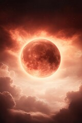 Wall Mural - glowing red moon in the sky with clouds in red color hue