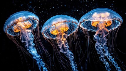 Canvas Print - Three Bioluminescent Jellyfish in the Depths