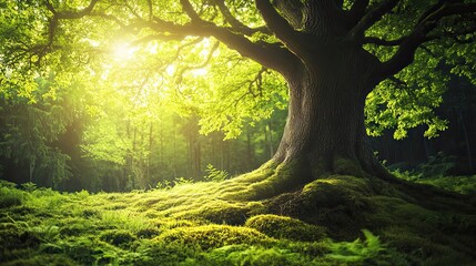 Poster - Majestic Oak Tree Basking In Sunlight A Forest Scene