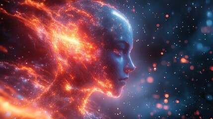 Wall Mural - an ai humanlike figure, with their head covered in glowing digital patterns, is surrounded by swirli