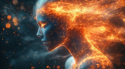 Wall Mural - an ai humanlike figure, with their head covered in glowing digital patterns, is surrounded by swirli