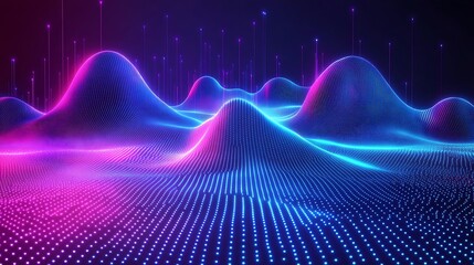 Wall Mural - abstract neon landscape with glowing hills and data points.