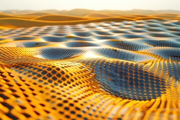 Wall Mural - a solar energy farm located in a desert landscape, with panels arranged in geometric patterns agains
