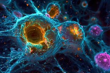 Wall Mural - cell division: a microscopic shot capturing the rapid division of cancer cells during mitosis, showc