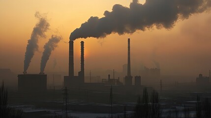 Canvas Print - Industrial Sunset Smokestacks Emit Pollution into Orange Sky