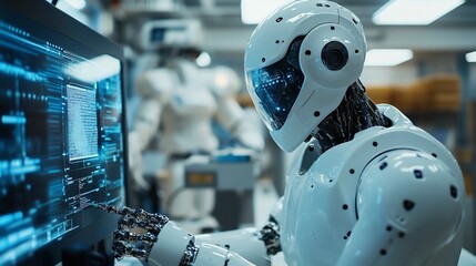 Advanced robot using computer in futuristic factory.