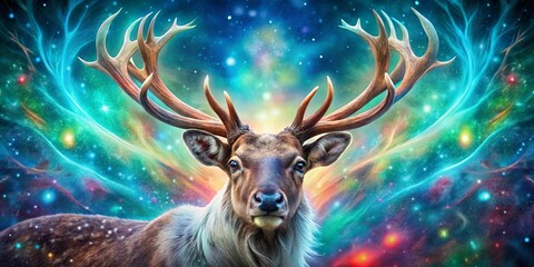 Wall Mural - a majestic deer with antlers outstretched against a swirling nebula of vibrant colors, a cosmic canv