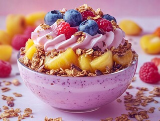 Wall Mural - A colorful yogurt bowl topped with fresh berries, granola, and fruit, perfect for a healthy snack or breakfast.