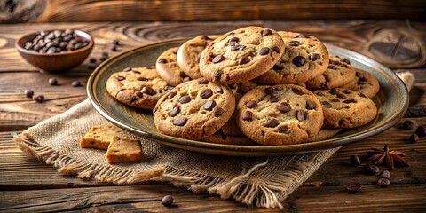 Wall Mural - A plate of freshly baked chocolate chip cookies on a rustic wooden table, surrounded by scattered coffee beans and a burlap napkin