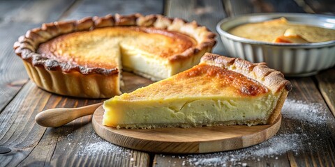 Wall Mural - A Slice of Golden Crust Pie with a Creamy Filling Resting on a Wooden Cutting Board, Scattered with Powdered Sugar, Surrounded by a Rustic Wooden Background