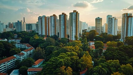 Poster - A serene morning unfolds as sunlight casts a warm glow over towering residential buildings and lush trees in an urban estate. This scene captures the balance between nature and modern living.