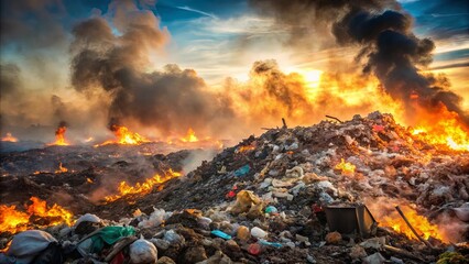 a fiery inferno consumes a mountain of discarded materials, its incandescent glow casting an ominous