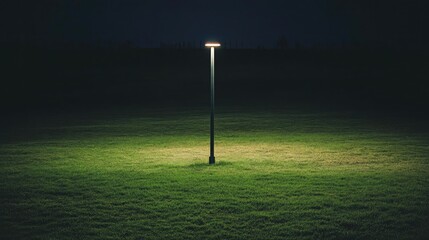 a solitary lamp illuminating a patch of vibrant green grass in a dark urban park, creating a serene 