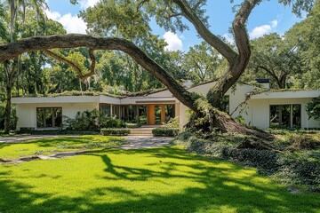 Wall Mural - Fallen tree on the roof of an all-white one-story house in Florida, with broken branches and debris in the yard. Natural lighting.