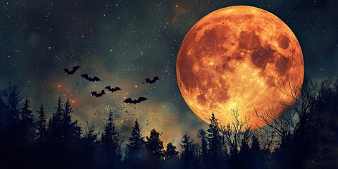 Wall Mural - A Halloween night sky with a large, orange moon, bats flying across it, and a haunted forest below.