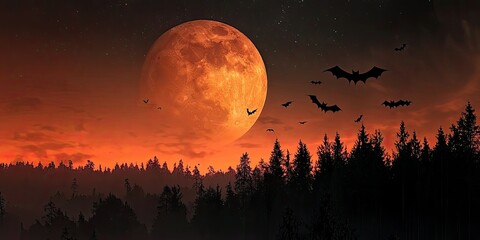 Wall Mural - A Halloween night sky with a large, orange moon, bats flying across it, and a haunted forest below.
