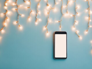 Aufkleber - Minimalist Technology Setup with Festive Lights on Blue Background