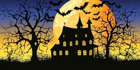 Wall Mural - A Halloween vector illustration featuring a haunted house, flying bats, and a full moon in a spooky night sky.