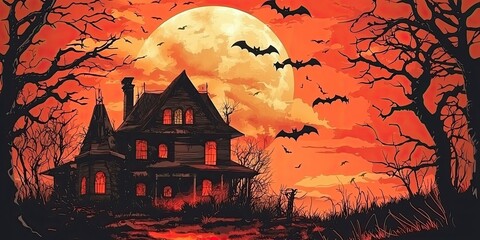 Wall Mural - A Halloween vector illustration featuring a haunted house, flying bats, and a full moon in a spooky night sky.