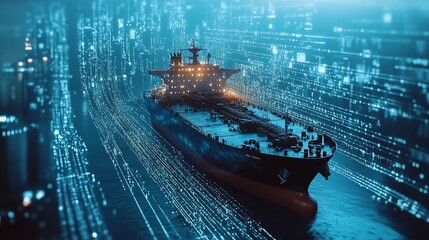digital overlay on a tanker ship at sea.