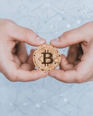 Aufkleber - Hands Holding Bitcoin Against Abstract Digital Network Background