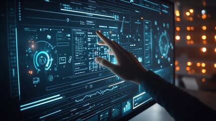 Hand interacting with futuristic digital interface on a large monitor.