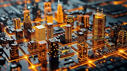 Poster - A vibrant urban environment is represented with glowing neon lines outlining contemporary buildings and streets. The scene highlights the integration of technology and architecture in the cityscape.
