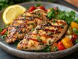 © JAHLIYA - Juicy grilled chicken breasts garnished with fresh herbs and served with colorful roasted vegetables and a slice of lemon.
