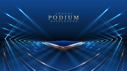Wall Mural - empty golden square podium on blue background with neon effect and laser light with bokeh decoration