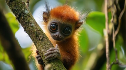 Curious Red-Headed Tarsier Peeking from a Tree Branch