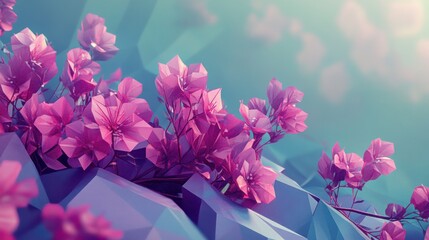 Poster - Low Poly Pink Flowers on Geometric Background