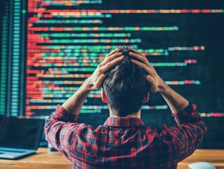 A web developer with a focused frown, fixing critical website issues under pressure, theme of challenge, close up, tech workspace, dynamic, Silhouette, browser window backdrop