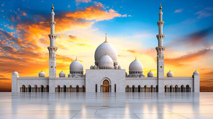 A majestic mosque stands against a vibrant sunset, showcasing intricate architecture and serene beauty, reflecting spiritual tranquility.