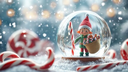 a festive snow globe featuring a joyful elf carrying a sack of toys in a snowy landscape surrounded 