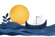 © CHONCHANOK PHOTO - A serene paper-cut style image of a boat sailing under a bright sun, surrounded by gentle waves and greenery, evoking tranquility.