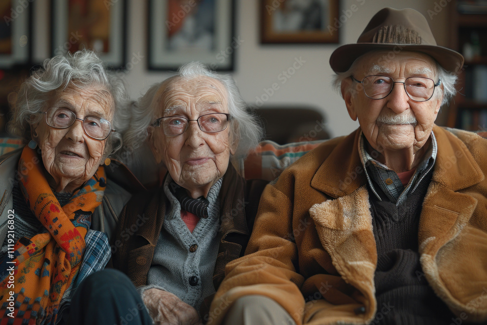 Photo of three elderly people sitting next to each other on a sofa. All ...