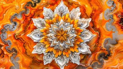 Sticker - Intricate 3D floral mandala on fiery background.