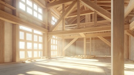 Canvas Print - Construction site view of the interior frame of a wooden house, featuring precision in carpentry and fresh wood textures