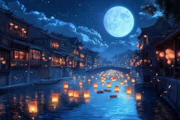 Wall Mural - Create a serene and atmospheric night scene of a traditional Chinese water town